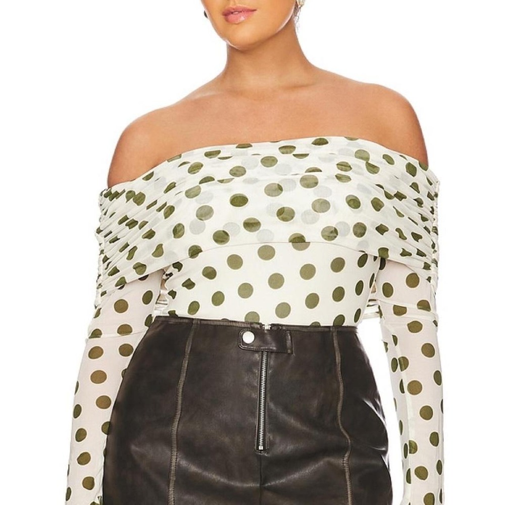 AFRM Maxine Bodysuit Polka Dot Off Shoulder Mesh Overlay Womens L Preppy
